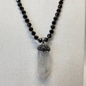 Chunky Quartz Crystal Necklace Faceted Black Glass Beads Long Length Wimsigoth